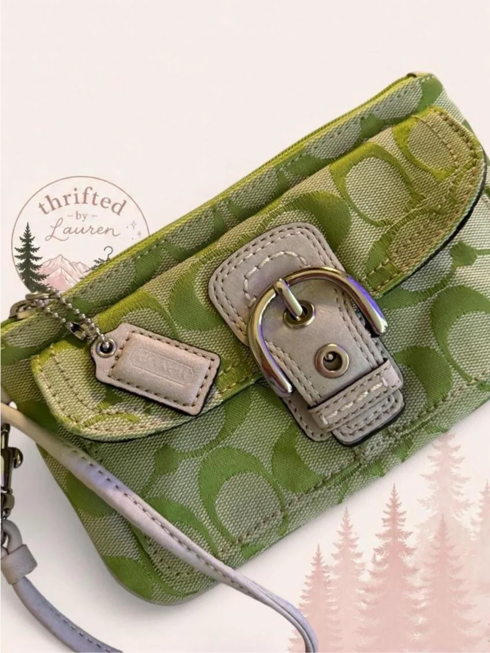 Coach Soho Signature Wristlet Pouch Green Jacquard Canvas Y2K Vintage
